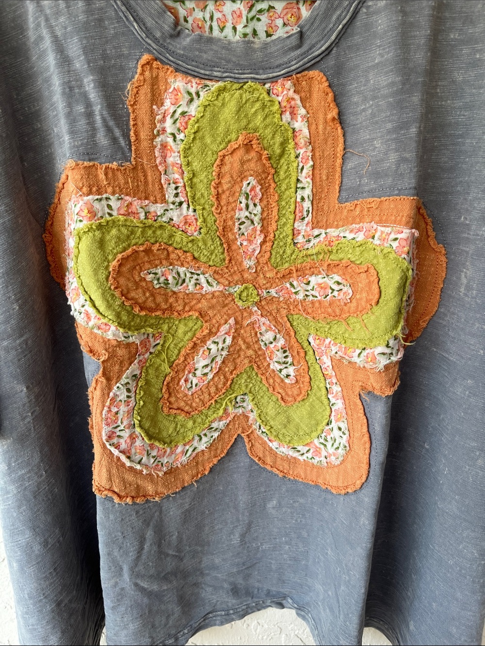 Easel Muted Periwinkle Tee w/Textured Floral Appliqué & Floral Trimmed Sleeves - Picture 9 of 11